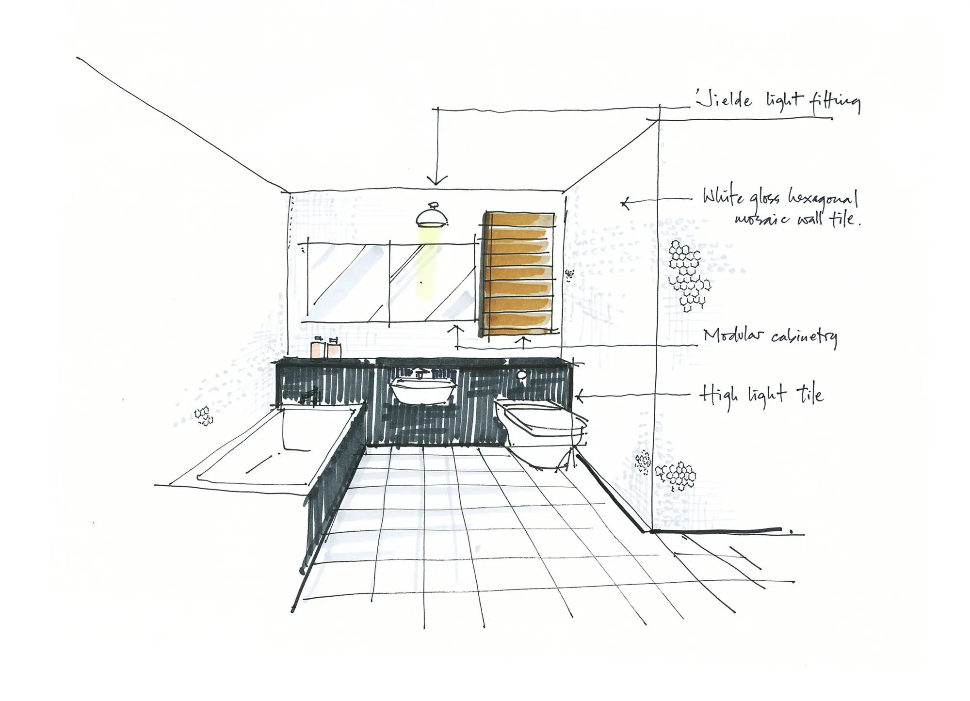 Hand-drawn bathroom design sketch with tile and fixture notes