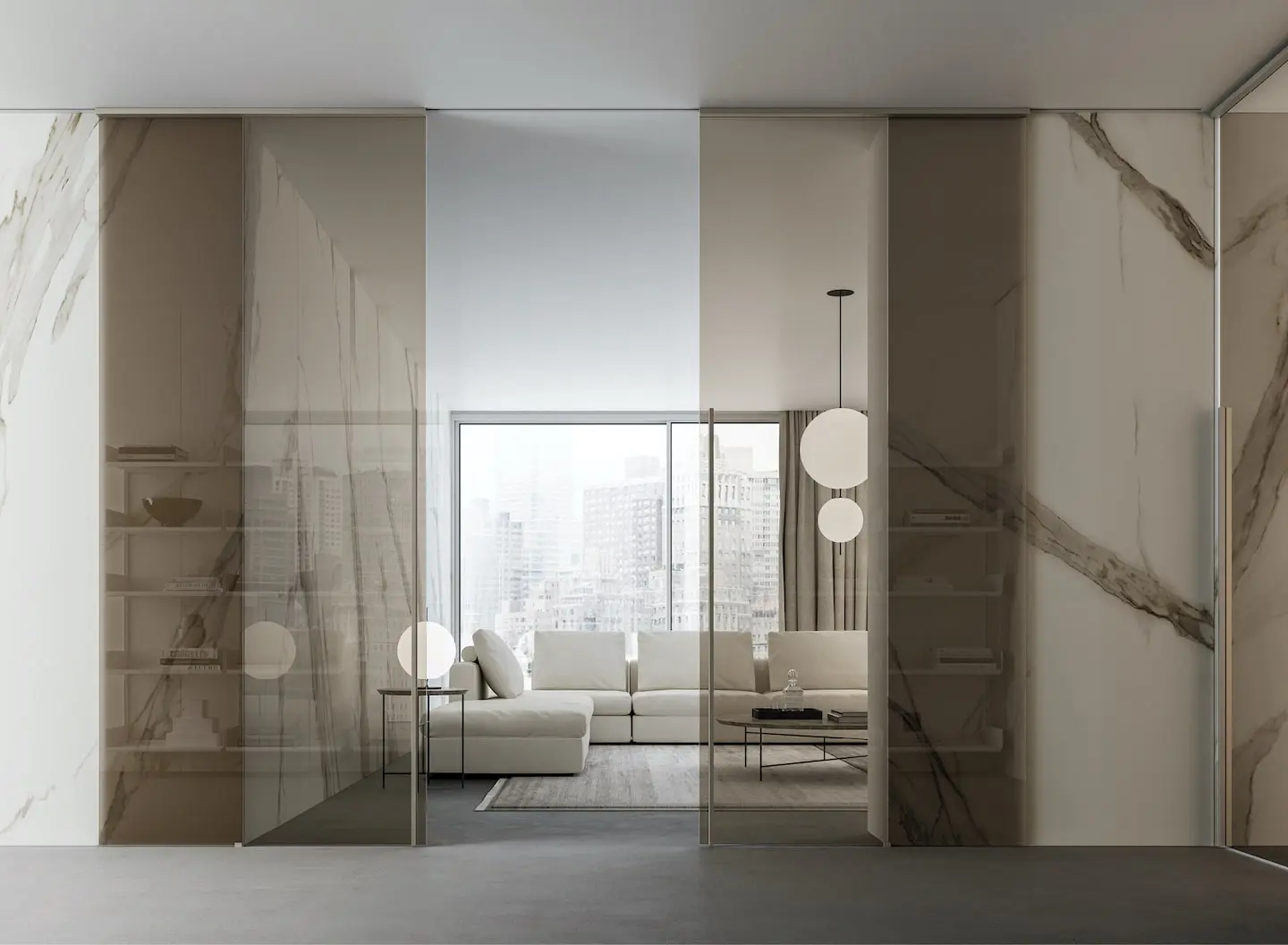 ADL glass sliding doors opening onto a living room with white sofas
