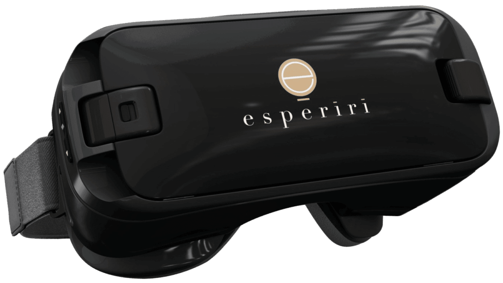 Black virtual reality headset with the Esperiri logo