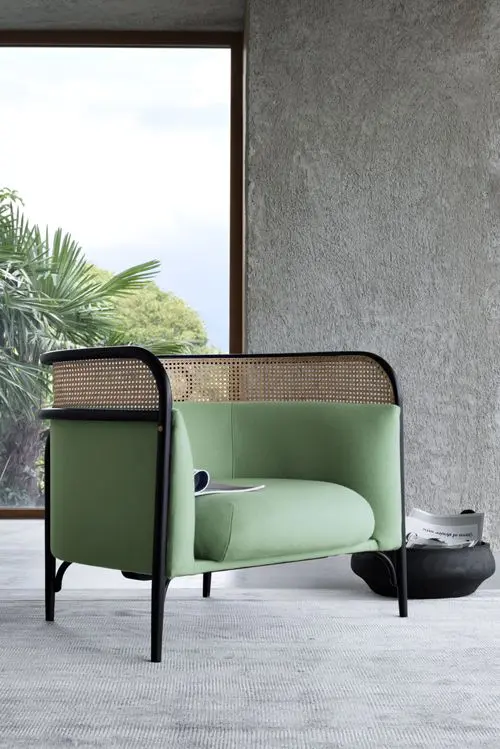 Green cane-back armchair with black metal frame beside a window with palm leaves