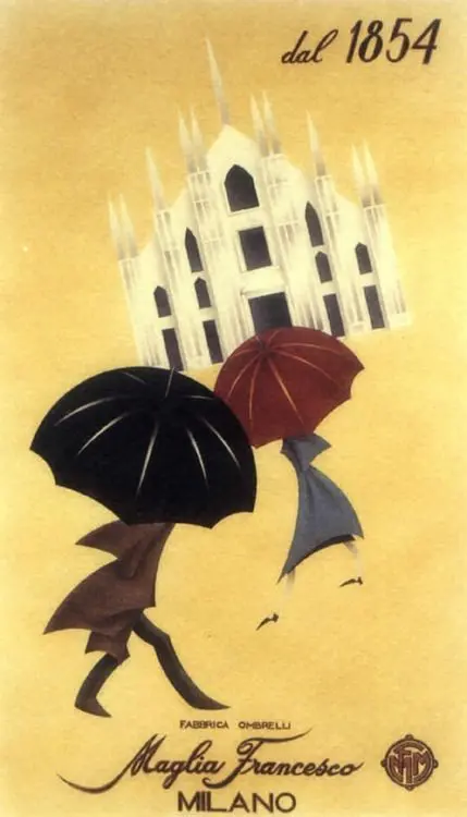 Vintage-style illustration of Milan Cathedral with two figures holding umbrellas, dal 1854