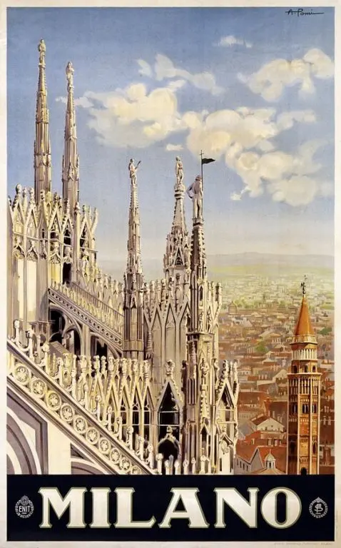 Vintage travel poster of Milan Cathedral's spires with the word Milano below