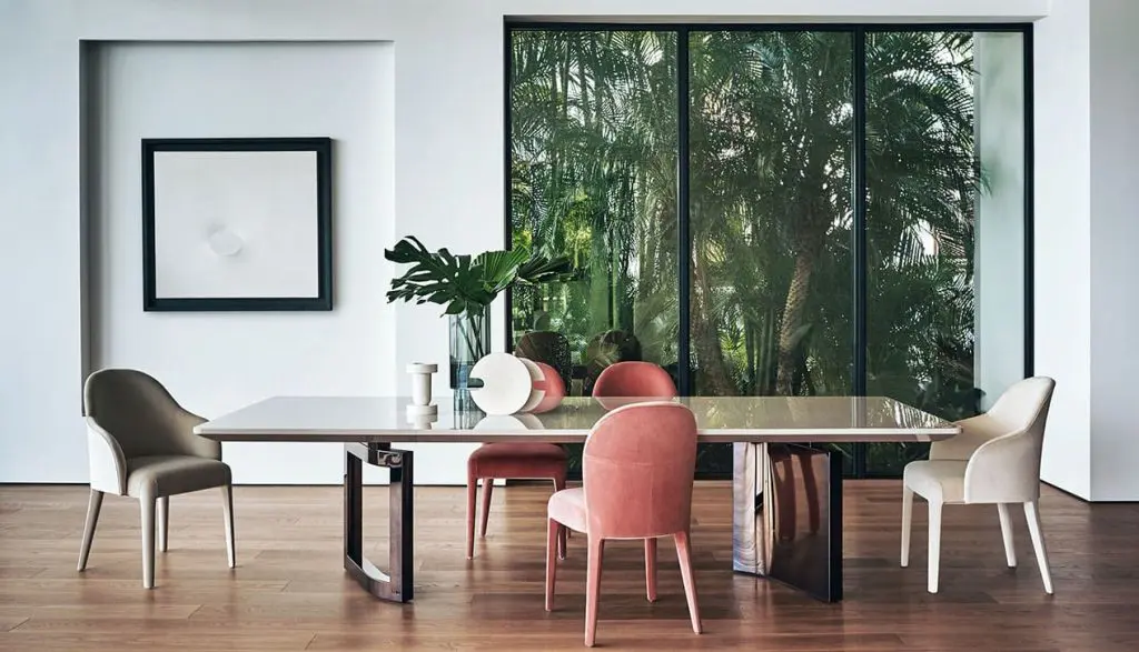 Fendi Casa dining room with a white table, dusty pink chairs and floor-to-ceiling windows overlooking palm trees