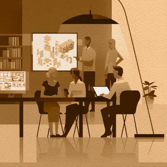 Team meeting around a table with a floor plan displayed on screen