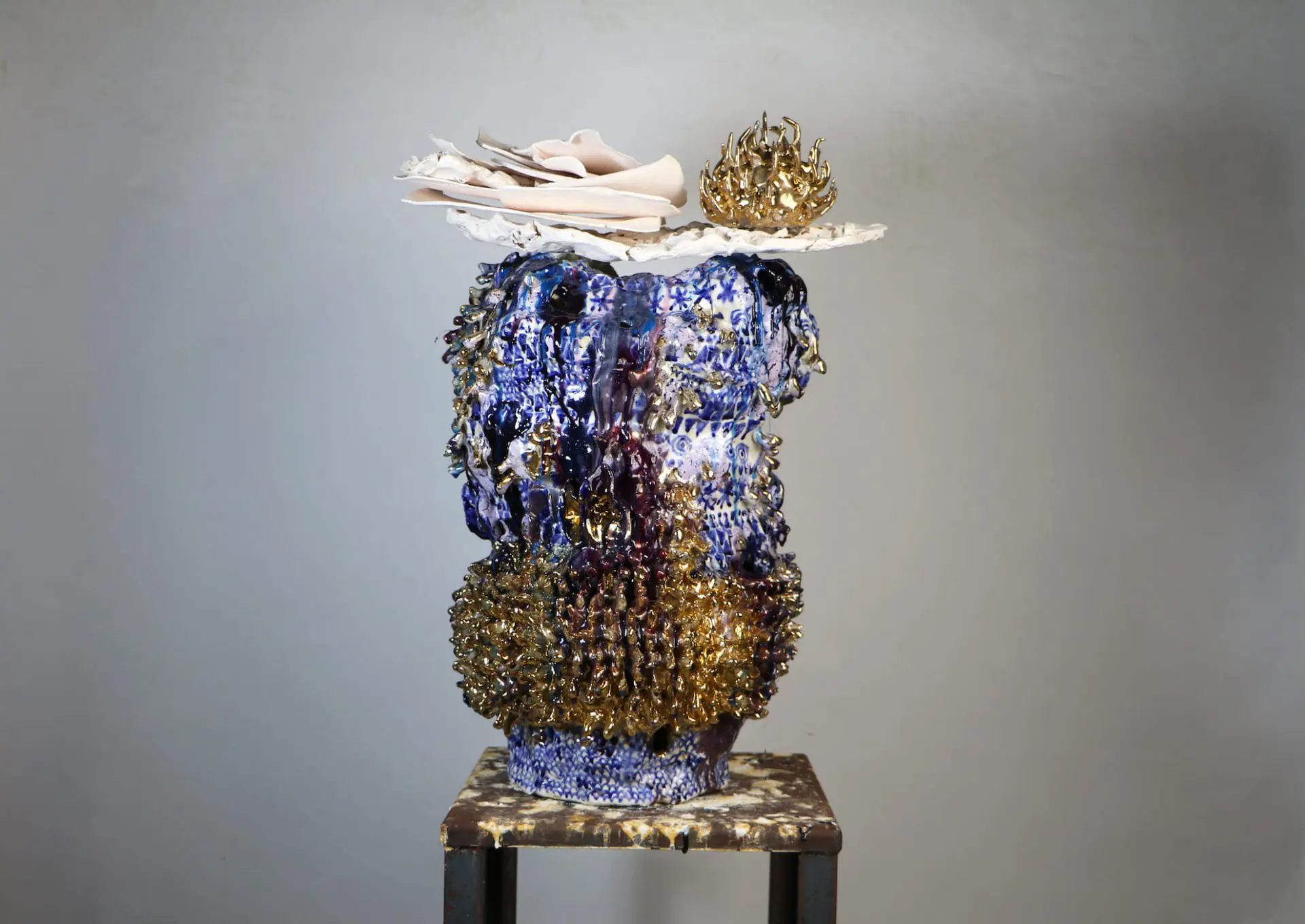 blue and white flower vase splattered with colorful paint and resin for miart milano 2019 art show