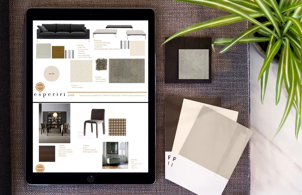 Tablet showing an Esperiri mood board beside fabric and material samples