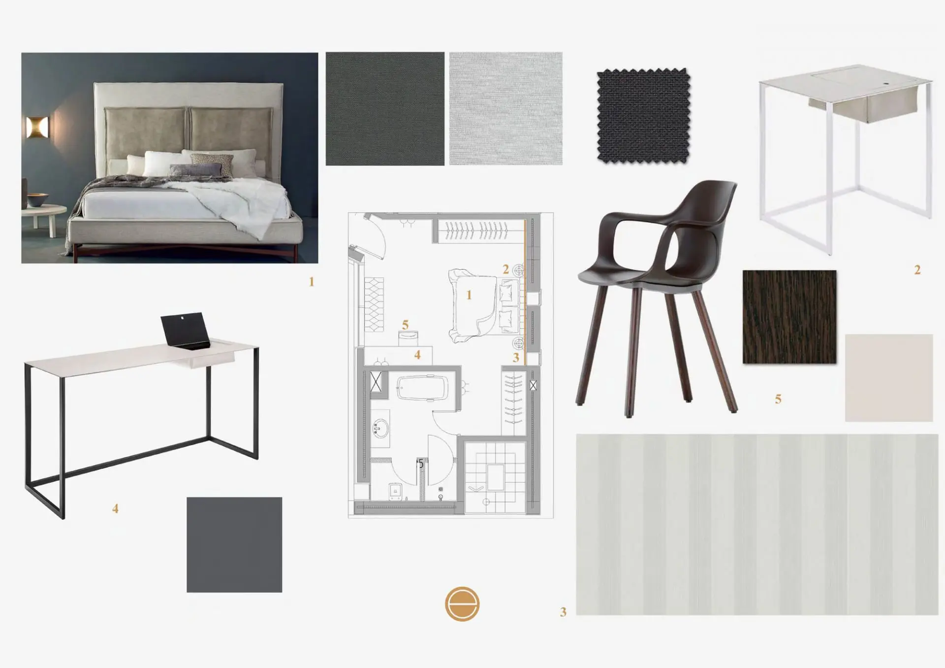 Bedroom moodboard with a dark blue upholstered bed, fabric swatches and desk chair