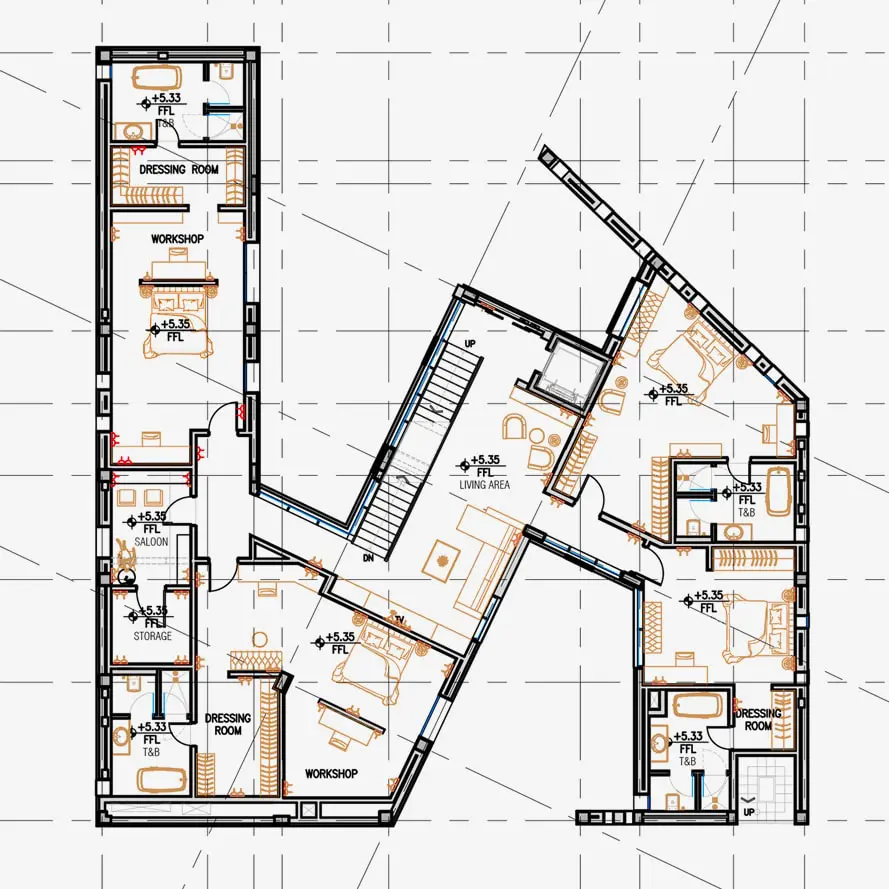 First-floor plan with bedrooms, dressing rooms, workshop and living area layout
