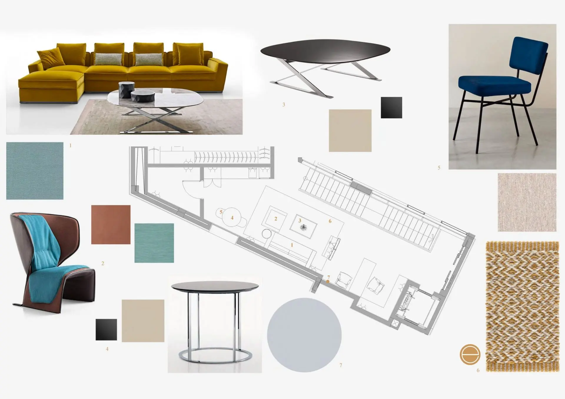 Living room moodboard with a mustard yellow sectional sofa, oval table and teal armchair