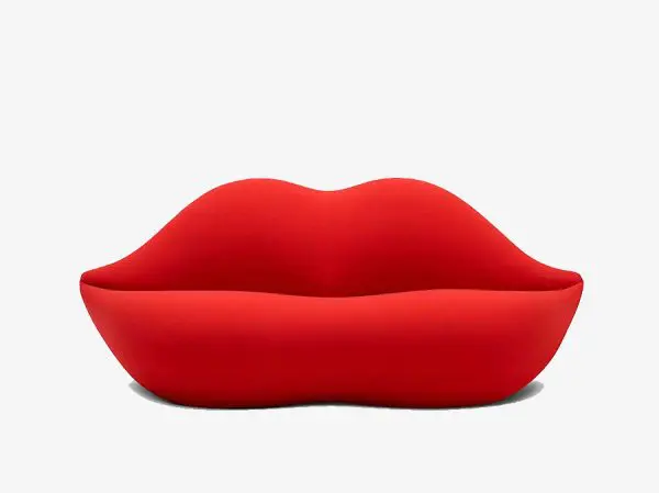 Bright red sofa shaped like a pair of lips