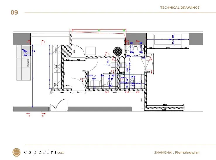 Plumbing plan from the technical drawings of an Esperiri project in Shanghai