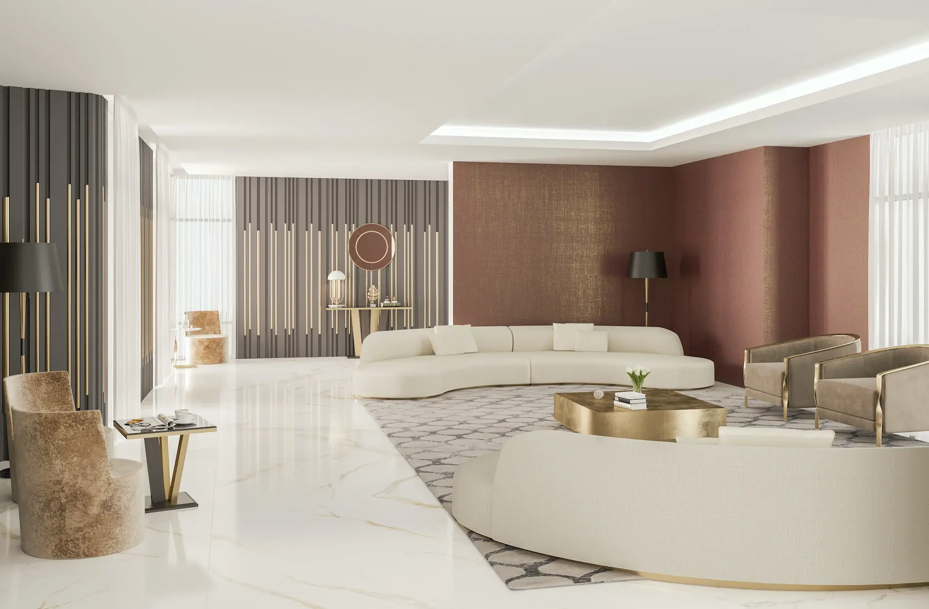 Curved cream sofa and gold coffee table in a terracotta-accented living room