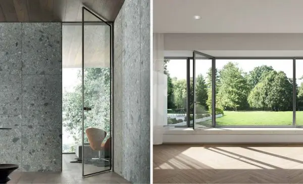 Split view of a glass pivot door in a stone wall and floor-to-ceiling windows onto a garden