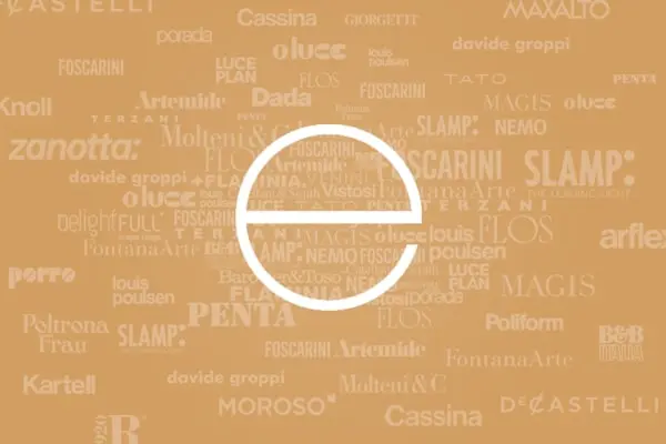 Collage of Italian furniture brand names surrounding a circular e logo