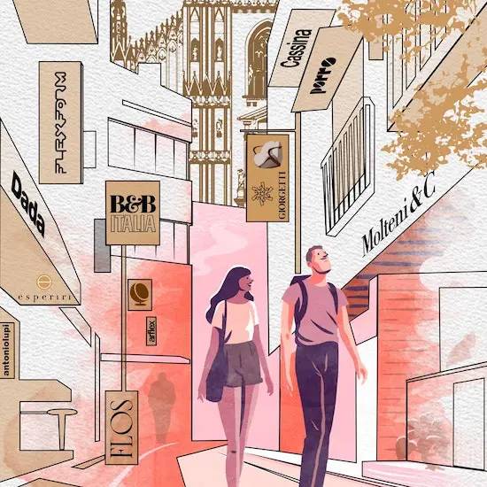 Illustration of a couple walking past design showrooms in Milan, with the Duomo in the background