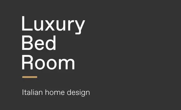 Luxury Bed Room, Italian home design title slide on a dark background
