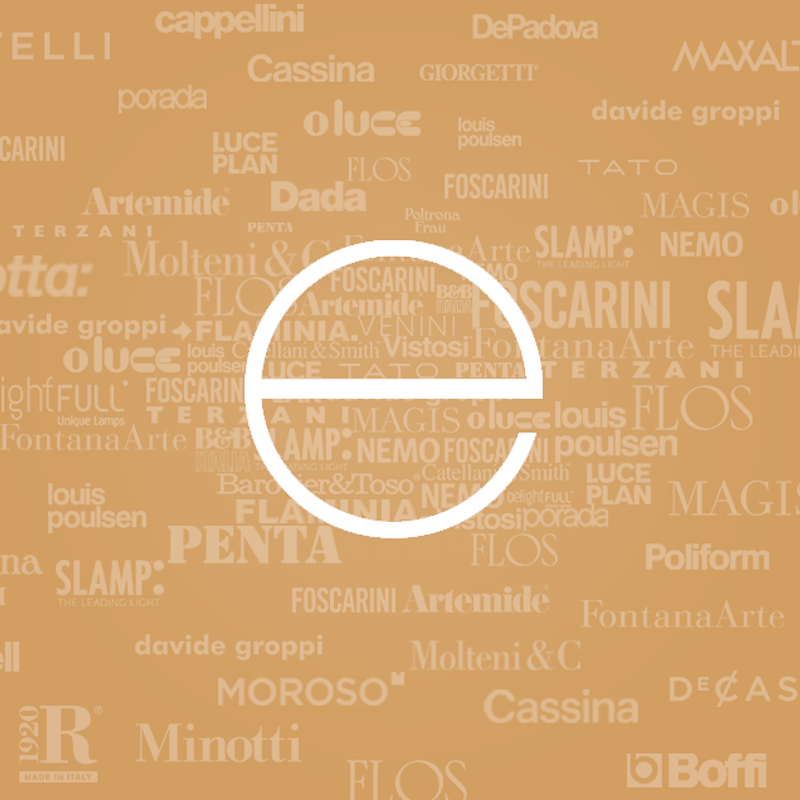 Esperiri “e” logo over the names of Italian design brands, among them Cassina, Molteni&C, Flos and Minotti