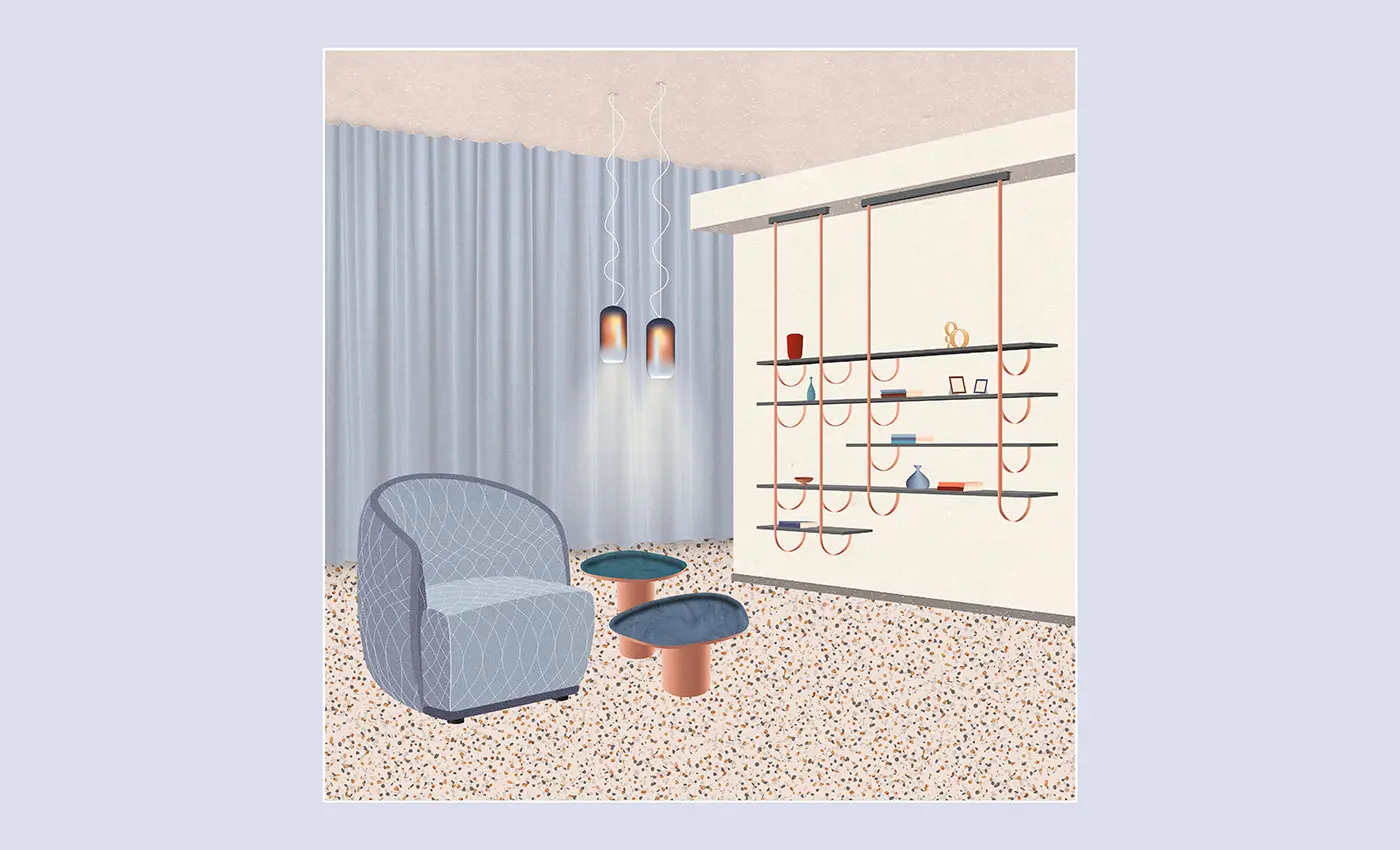 Mix&Match Moroso Armchairs composition with Redondo Armchair by Patricia Urquiola for Moroso, Talea Bookcase and Drops Coffee Tables both by De Castelli and two Gople Lamps by Bjarke Ingels Group for Artemide