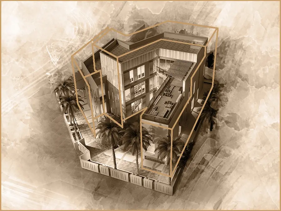 Architectural rendering of a villa with palm trees in sepia tones