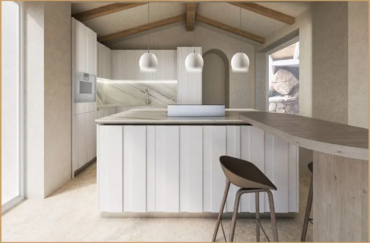 Kitchen with vaulted wood-beamed ceiling and pendant lights