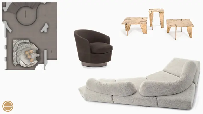 Moodboard of a dark swivel armchair, reclaimed-wood nesting tables and a light gray modular sofa