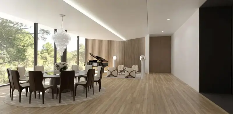 Open dining and living room render with a round table, dark chairs, piano and chandelier