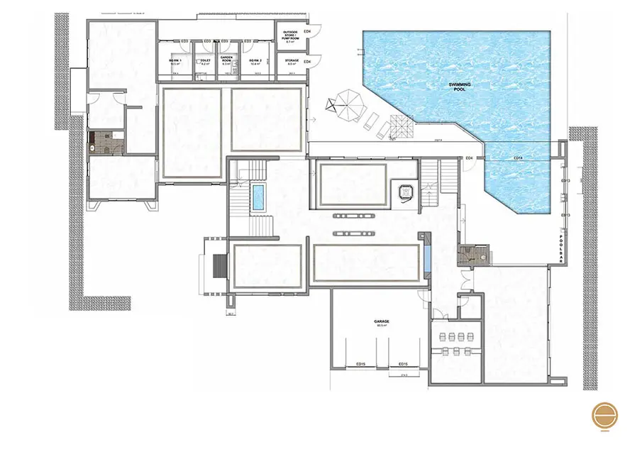 Plant of the ground floor of the villa in Lagos designed by our Italian interior designer