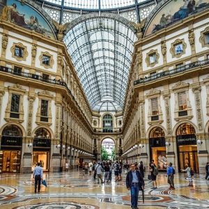 View of the floor, building, and ceiling of Milan's Galleria Vittorio Emanuele II