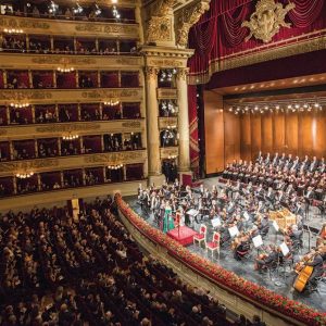 A red and gold detailed interior of Teatro alla Scala in Milan