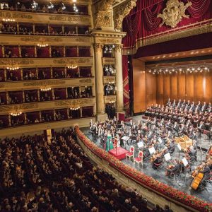 A red and gold detailed interior of Teatro alla Scala in Milan 