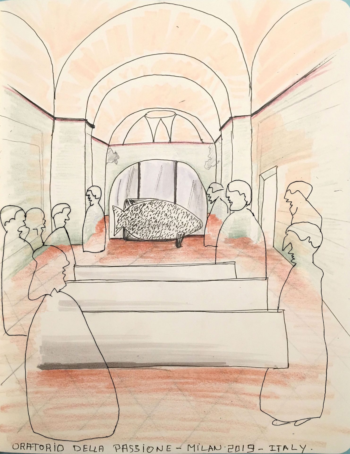 a drawing with outlines of a design plan inside a church