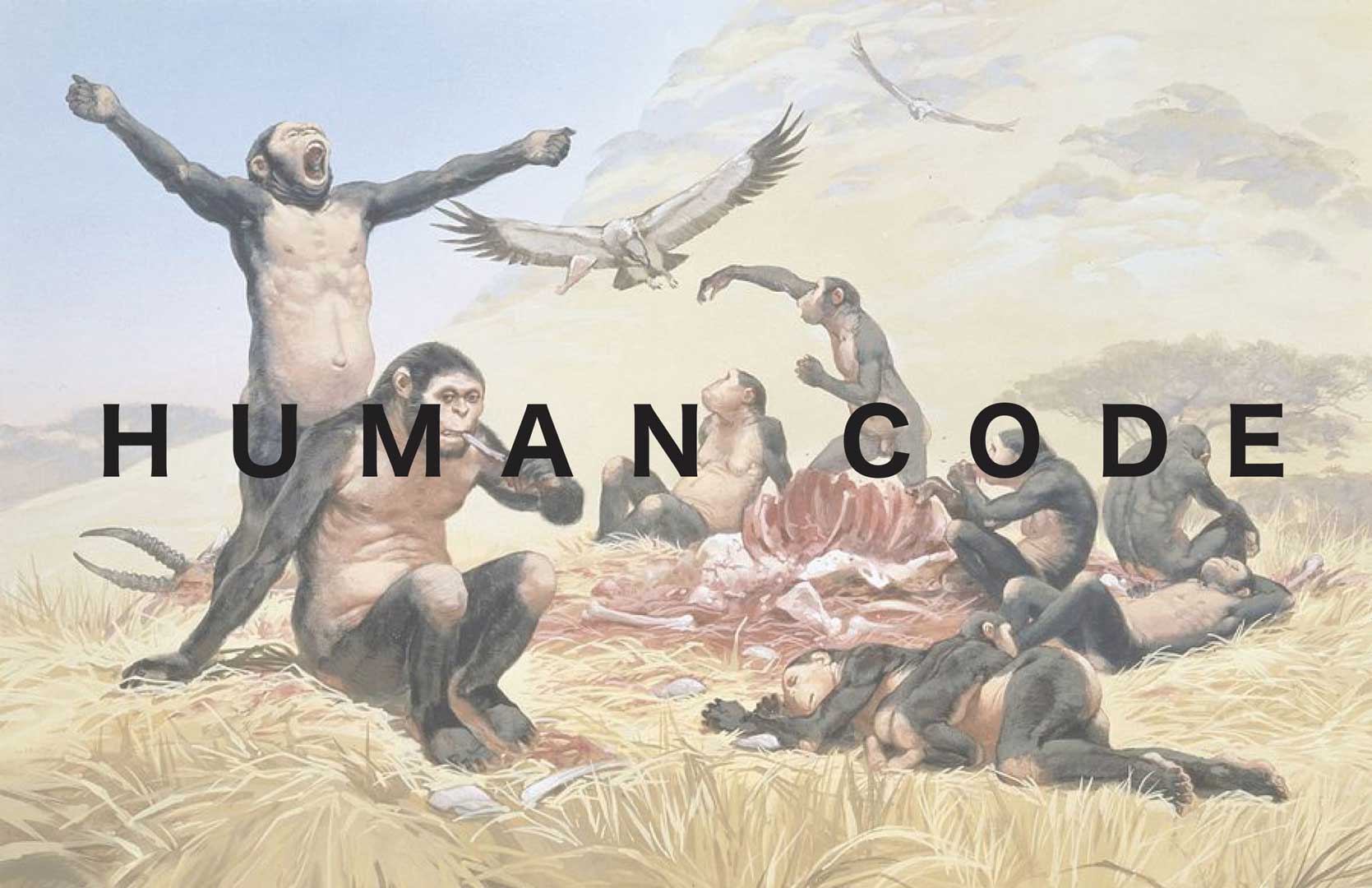 scene of chimpanzees acting as men behind the text of Human Code