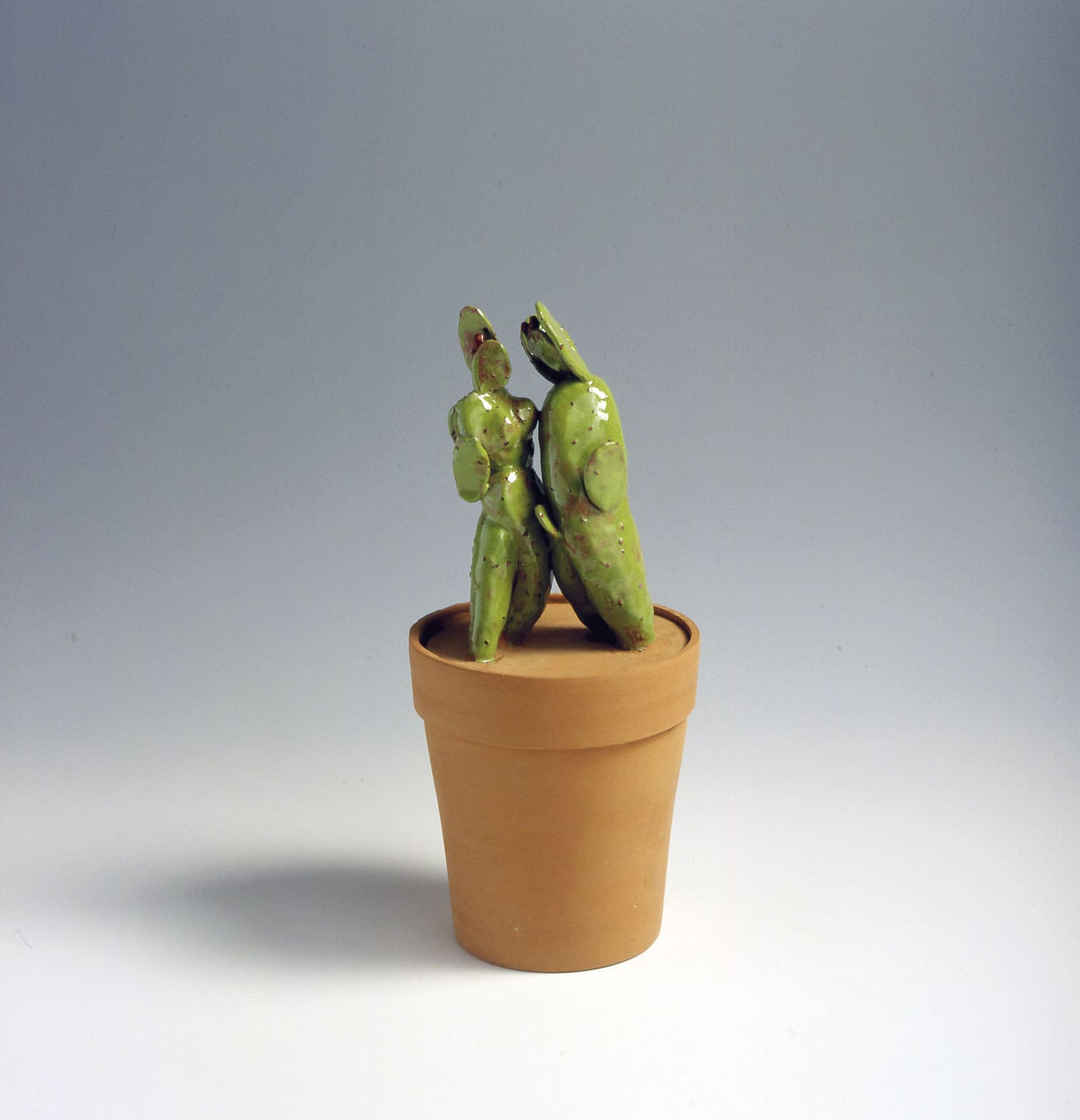 brown ceramic pot with a ceramic green cactus planted inside