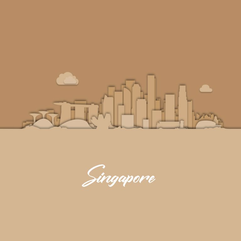 Papercut-style illustration of the Singapore skyline in tan tones with a Singapore caption