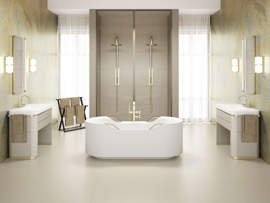 armani baia bathtub part of armani bathroom collection in a luxury Italian bathroom with champagne shower faucets