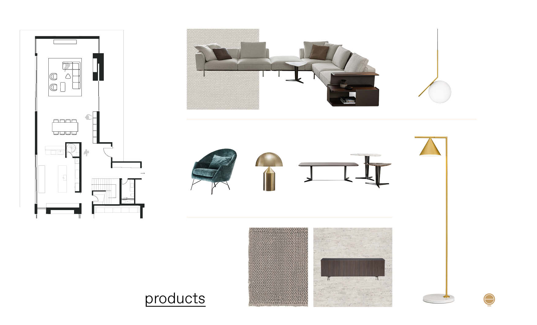 modern Italian living room furniture moodboard with medium priced Italian furniture pieces design by esperiri milano