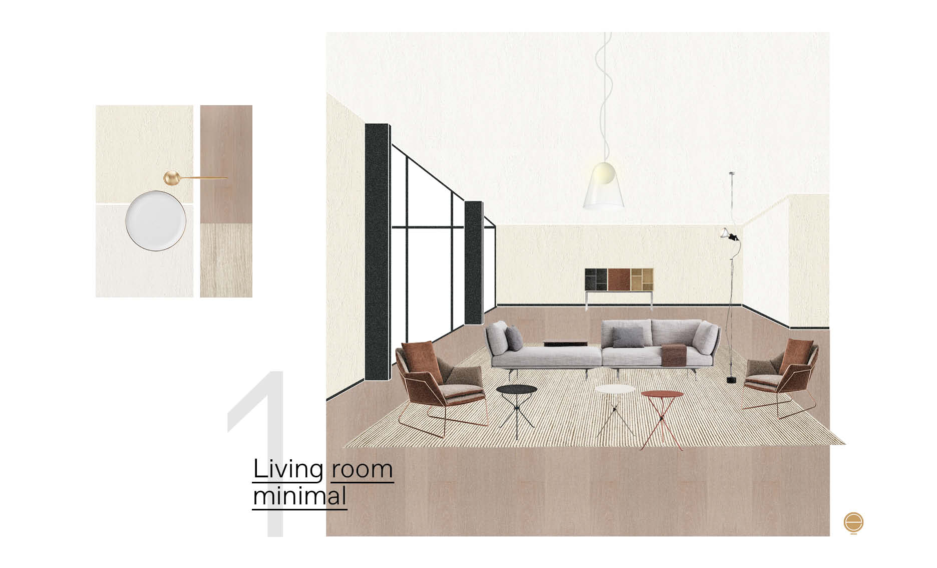 modern Italian living room material moodboard and perspective design by Esperiri Milano