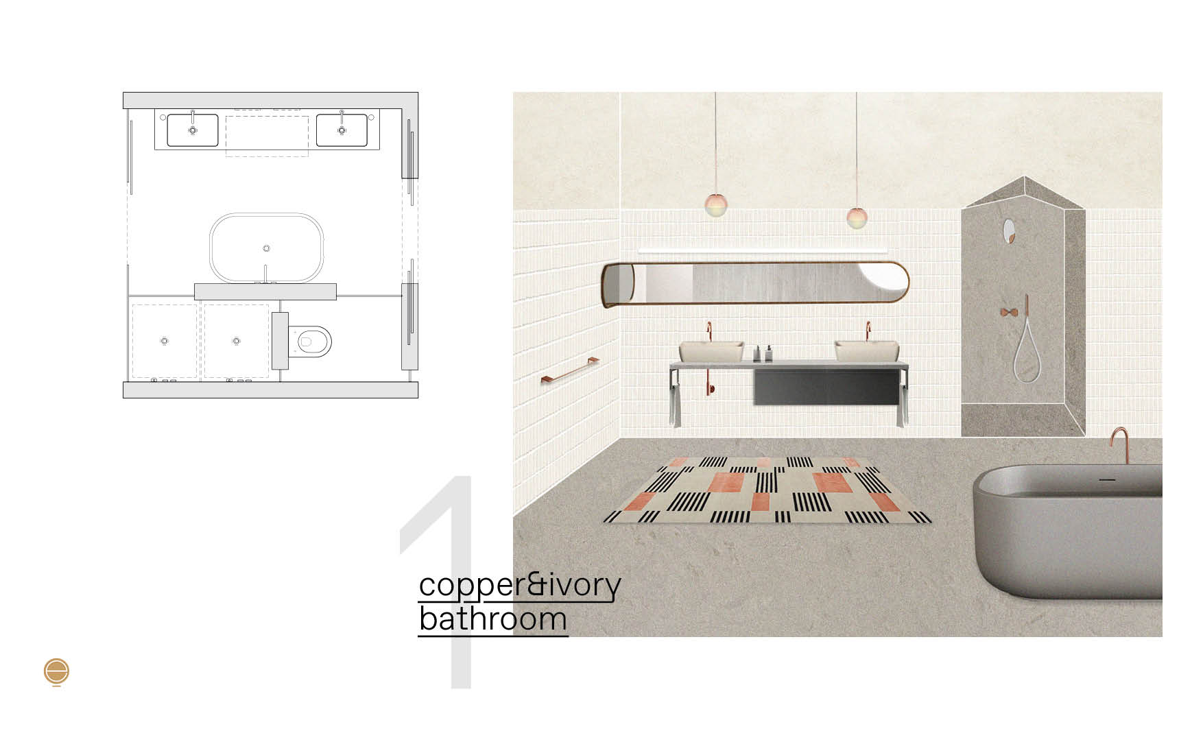 Modern Italian bathroom perspective in copper&ivory version and plan design by Esperiri Milano