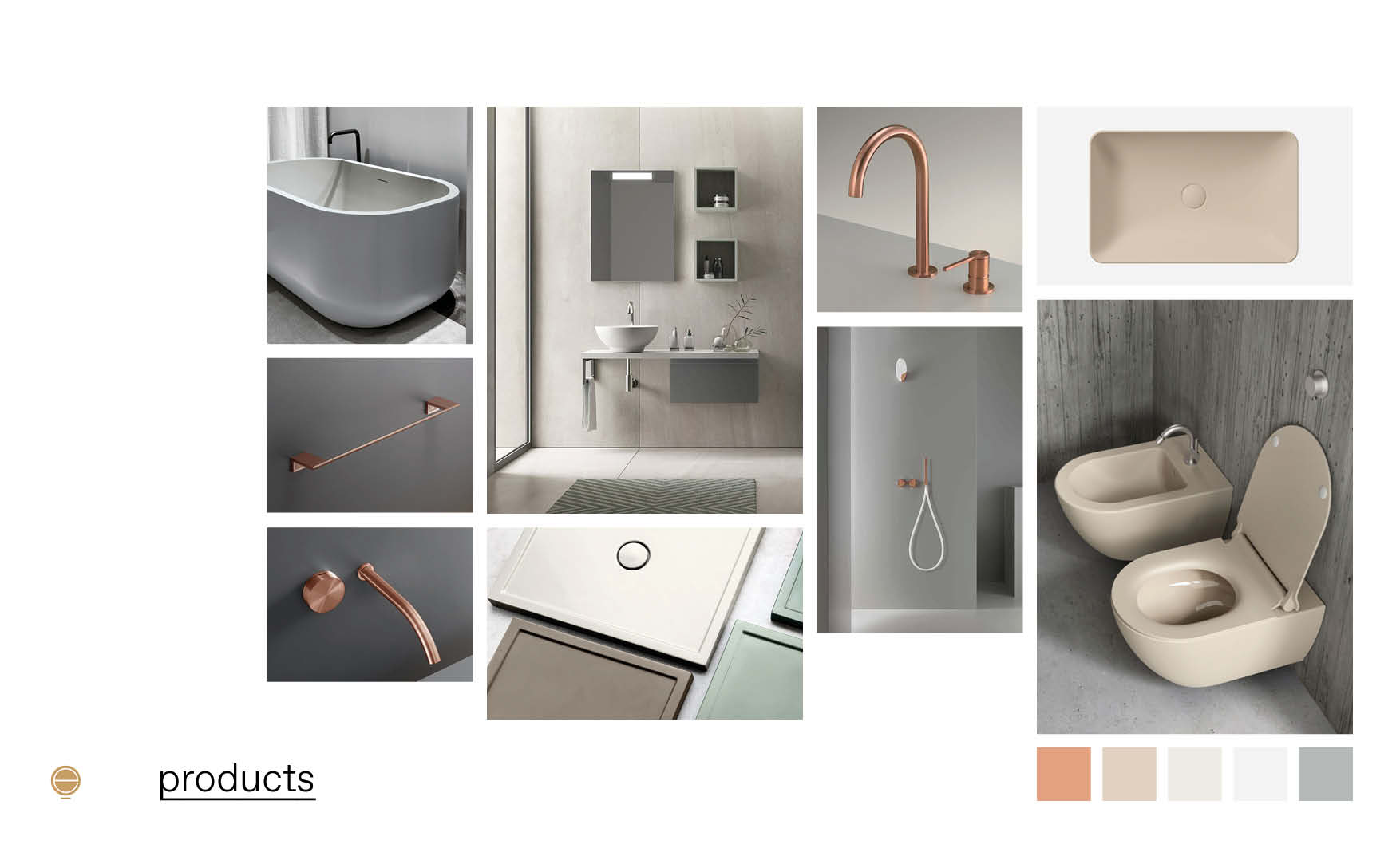 copper&ivory contemporary Italian bathroom furniture moodboard design by Esperiri Milano