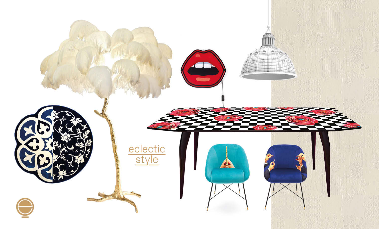 eclectic style moodboard and composition of high end furniture in Singapore