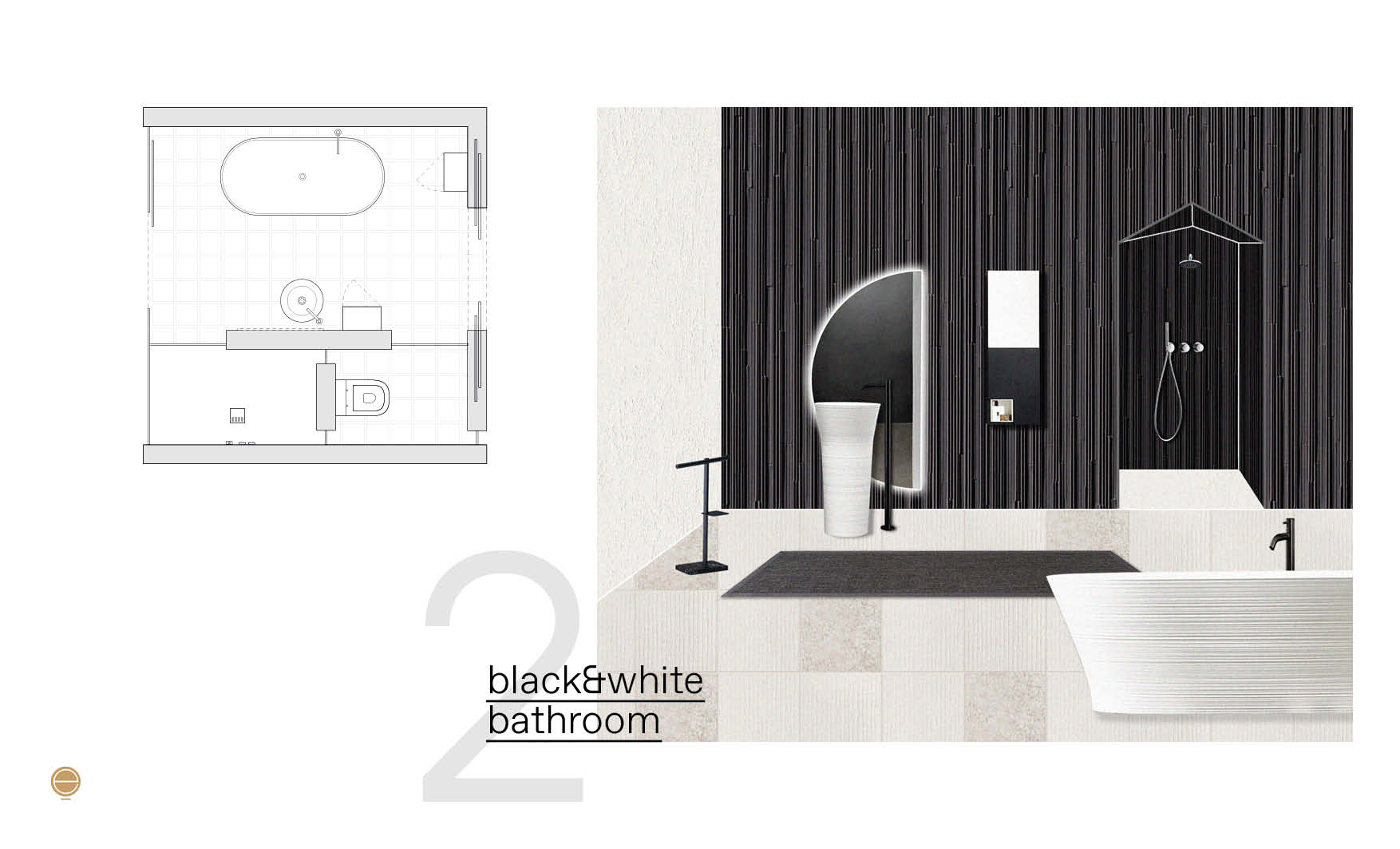 Modern Italian bathroom perspective in black&white version and plan design by Esperiri Milano