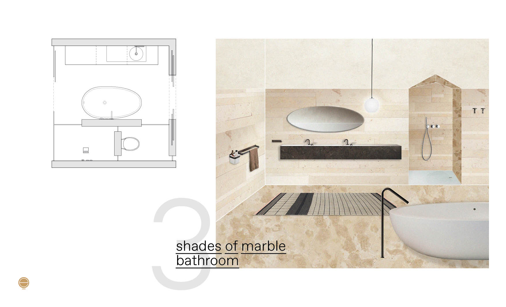 Modern Italian bathroom perspective in shades of marble version and plan design by Esperiri Milano