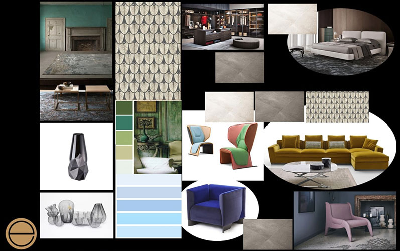 an interior design project concept board used by esperiri milano during a project when Italian interior designers are hired online