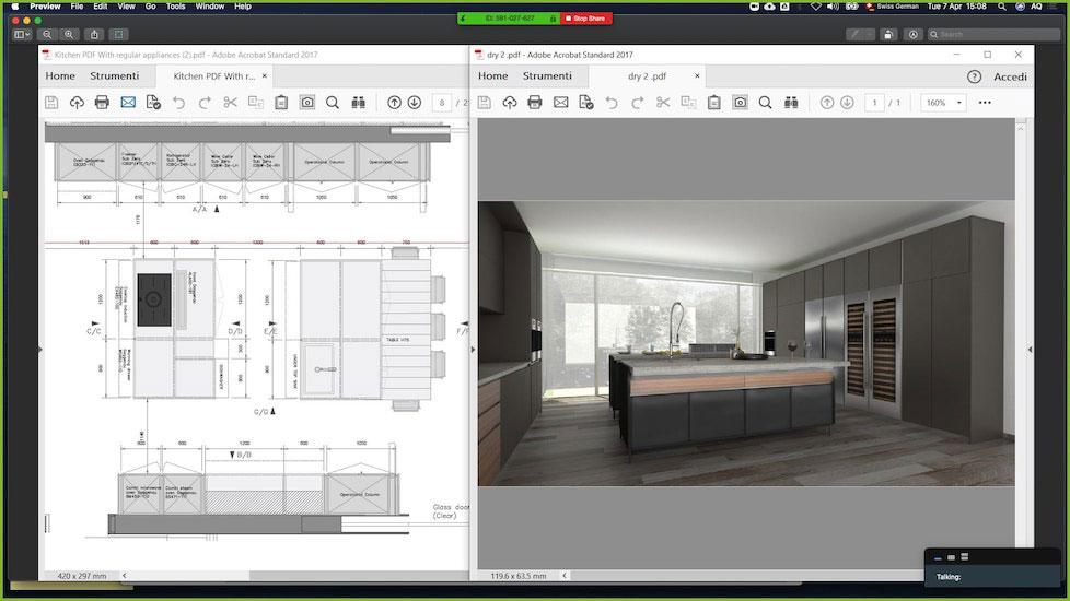 esperiri milano technical drawings and 3d render of an Italian kitchen design used by our Italian interior designers online to display the project remotely