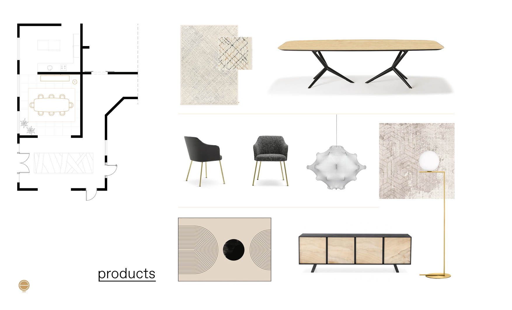 contemporary Italian dining room set products moodboard