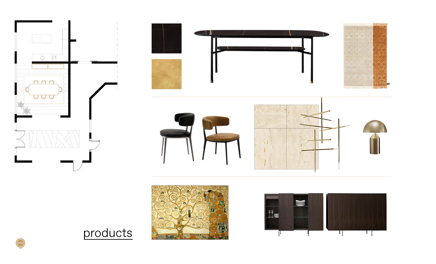 products moodboard of modern Italian dining room set made by Esperiri