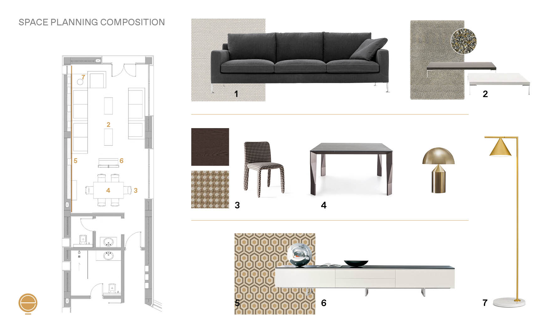 Moodboard and composition of materials and products during the interior design steps