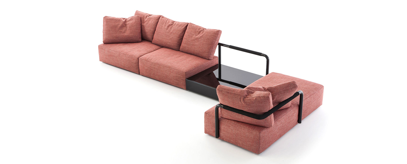 Soft Props sofa with pink fabric cover and black metal structure
