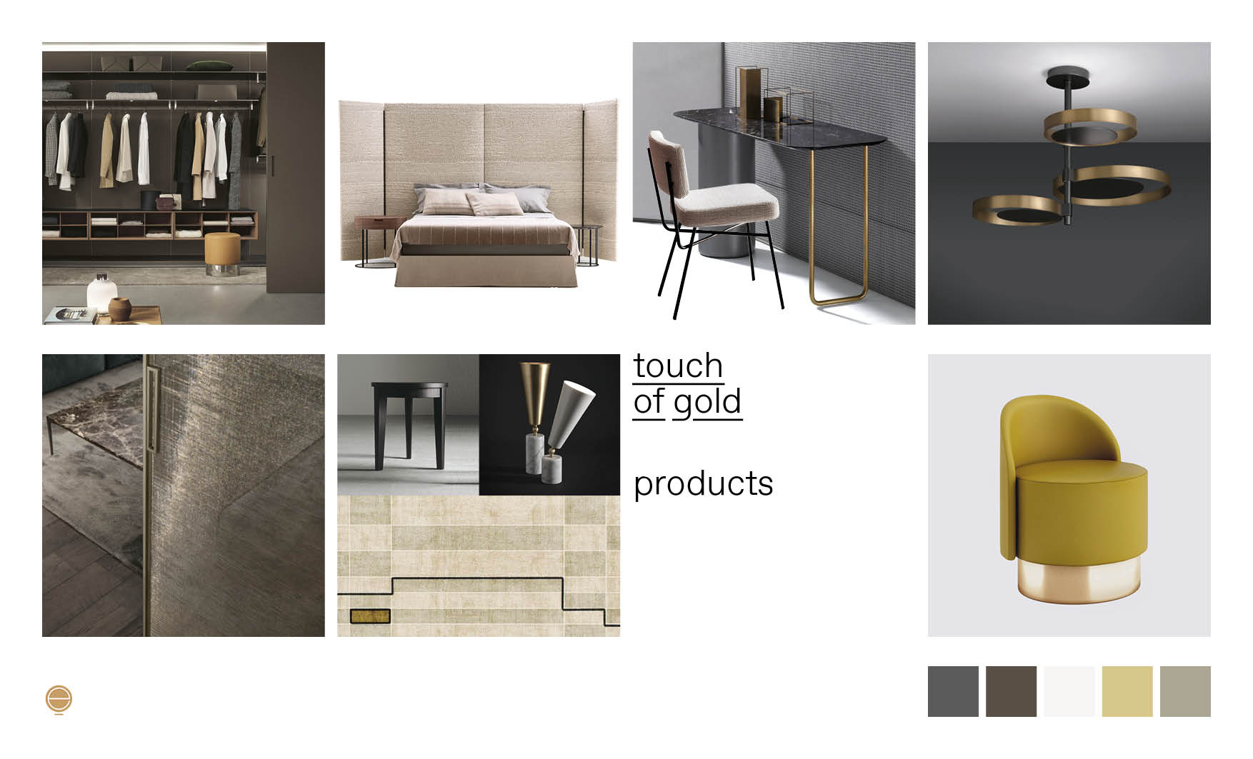 Italian modern bedroom furniture composition with gold and precious details