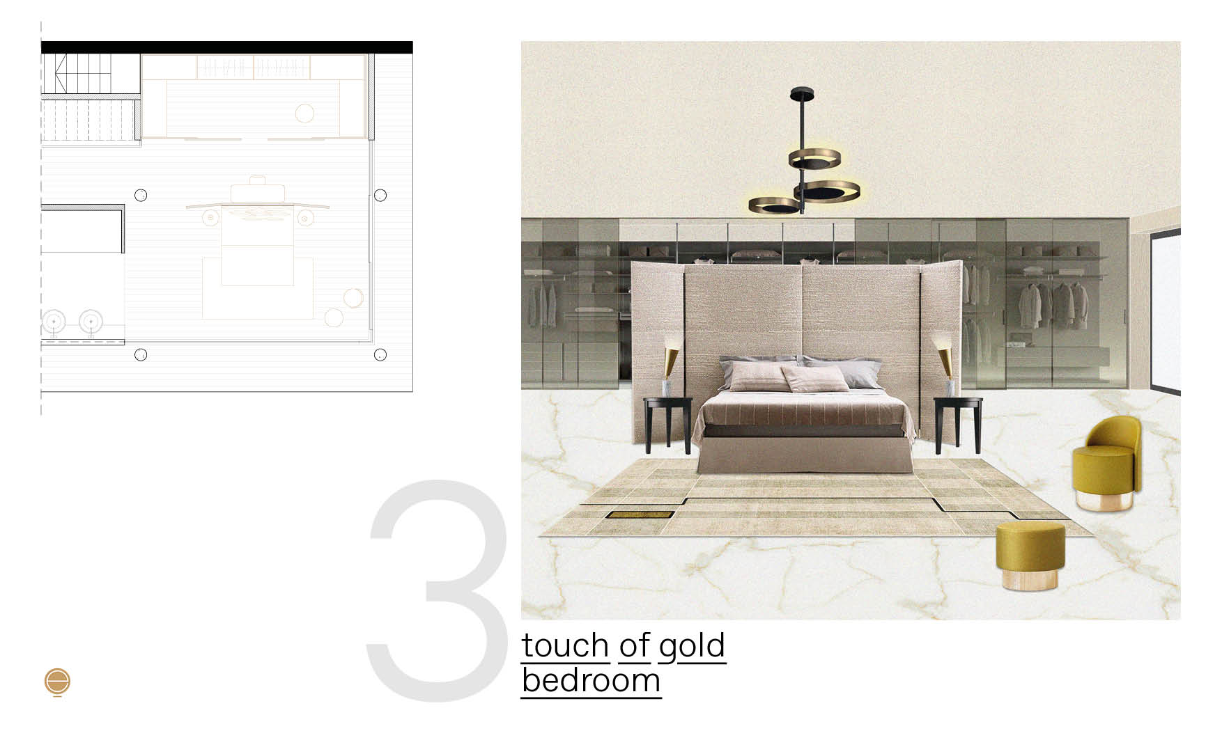 modern Italian bedroom design composition with gold details designed by Esperiri Milano